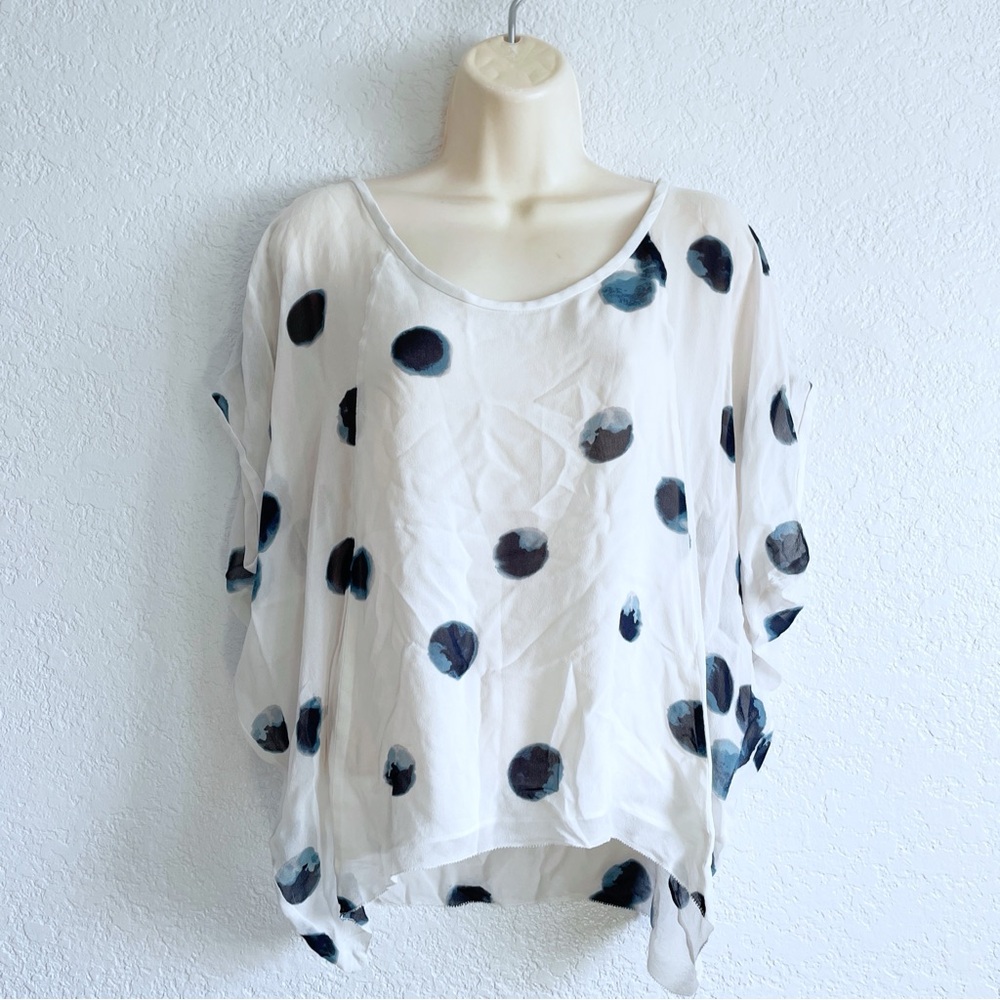 Aritzia Babaton Leif Abstract Polka Dot Silk White Blue Top SMALL Sheer